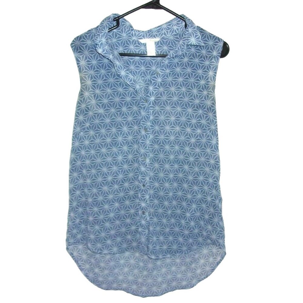 H&M‎ Blue White Geometric Sheer Button Front Sleeveless Blouse Top 4